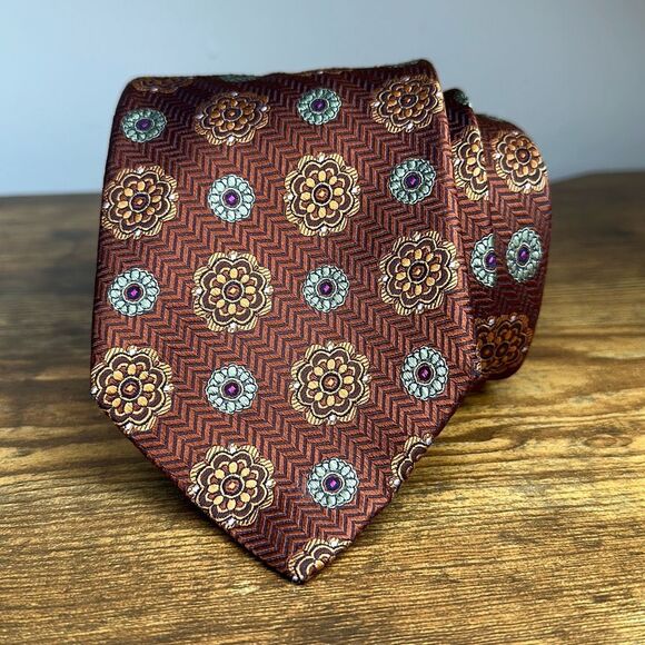 Jos. A Bank Signature Collection 100% Silk Neck Tie Italy Orange Medallion Print - Picture 1 of 5